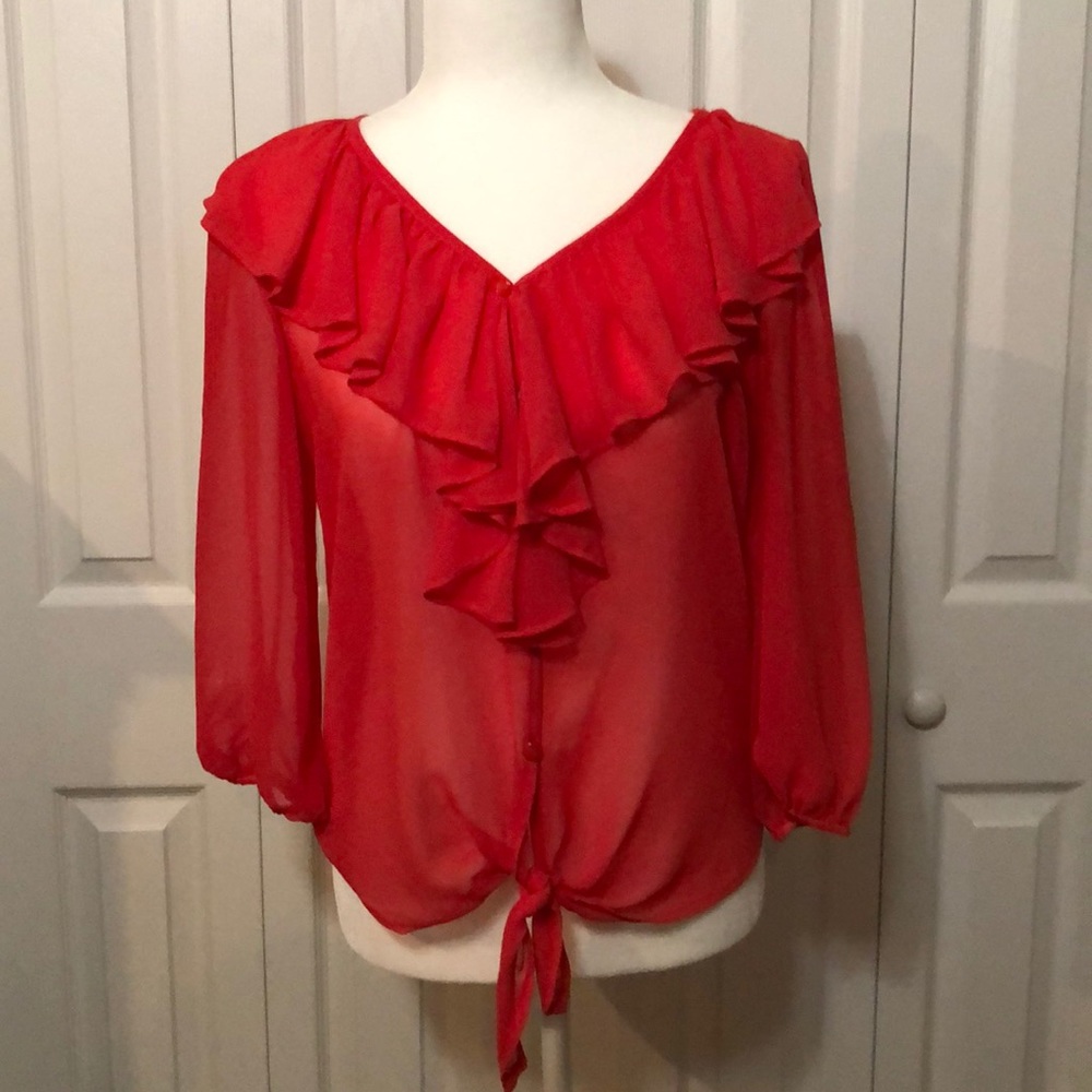 Coral blouse with tie waist